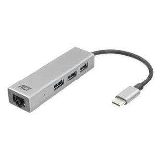 ACT - Hub USB-C y adaptador Ethernet, 3x USB A hembra, 1 puerto de red Gigabit, cable 0,15 m, carcasa de aluminio