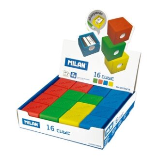 Milan caja expositora 16 Sacapuntuas con deposito Cubic. Varios colores.